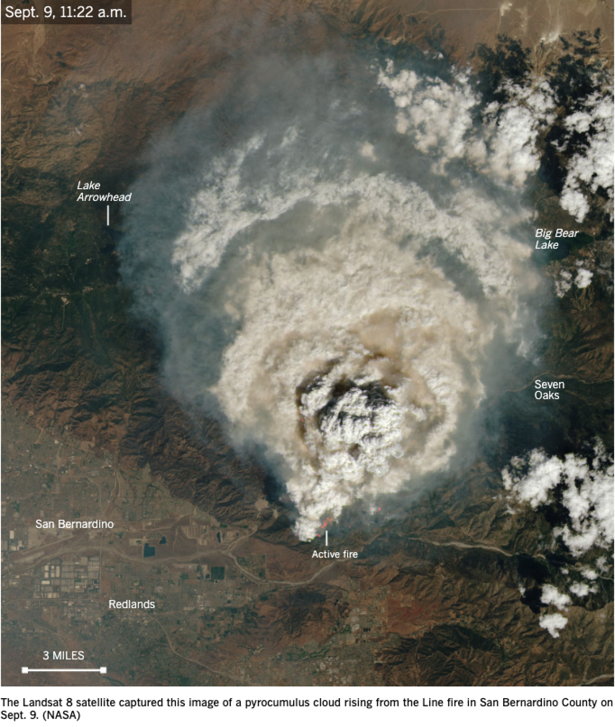 A satellite image of a massive cloud of wildfire smoke.