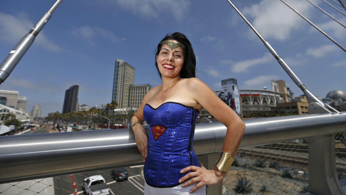 Graciela Casas-Silva of San Diego cosplays Wonder Woman on the Harbor Drive Pedestrian Bridge at Comic-Con 2017 on Saturday.