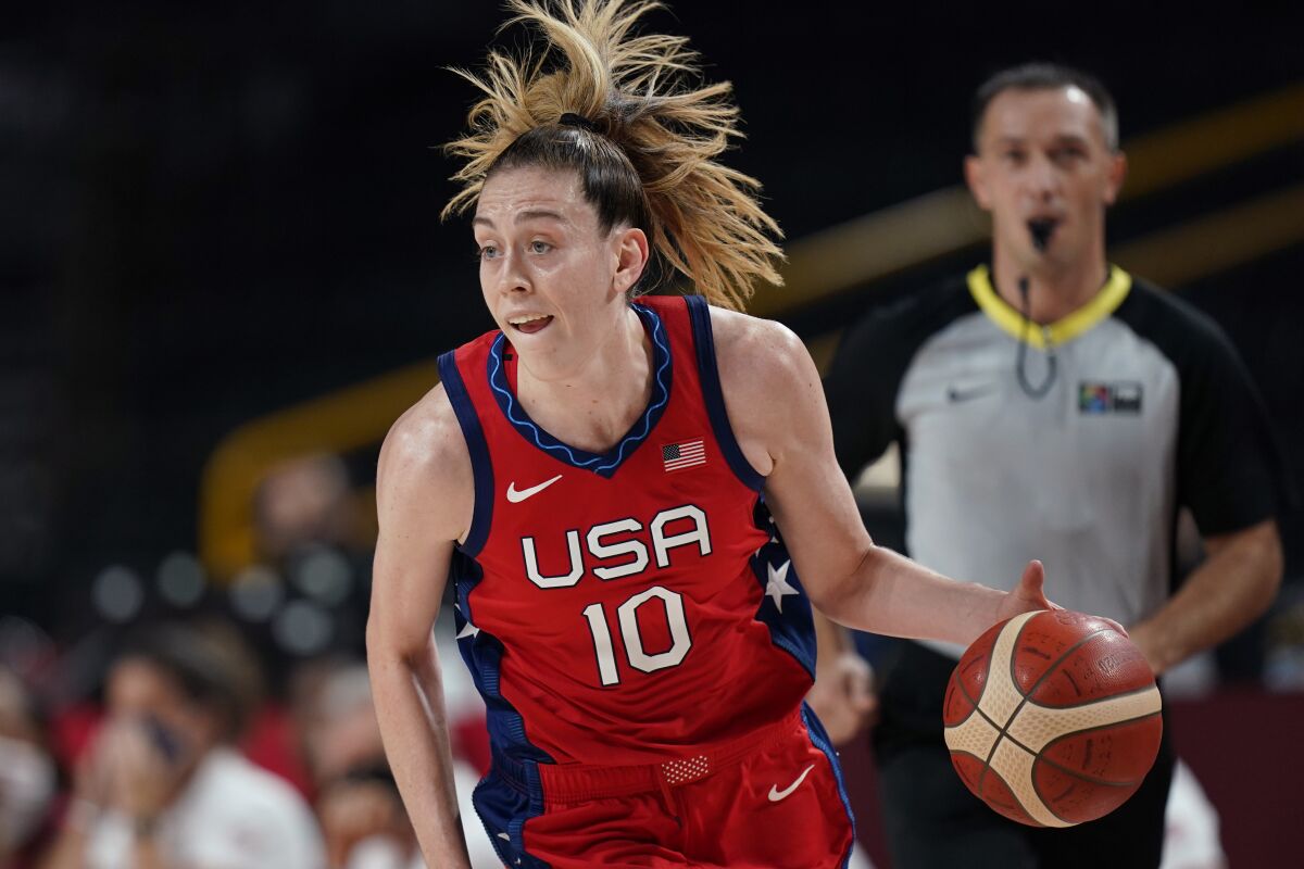 United States's Breanna Stewart (10) drives to the basket against Australia during a women's basketball quarterfinal game at the 2020 Summer Olympics, Wednesday, Aug. 4, 2021, in Saitama, Japan. (AP Photo/Eric Gay)