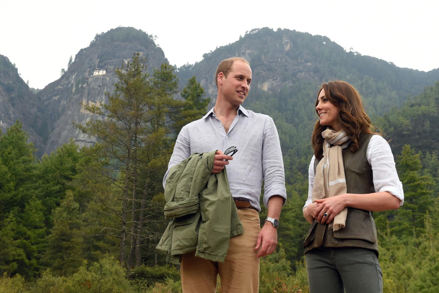 The Duke and Duchess of Cambridge after their trek to the Tiger's Nest Monastery during a visit to Bhutan on April 15, 2016.