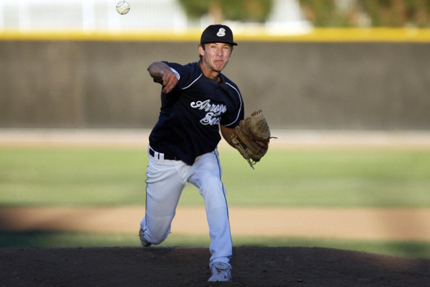 Saints' Corey Copping pitches the ball during a game against Astros at Jackie Robinson Field in Pasadena on Tuesday, July 24, 2012.