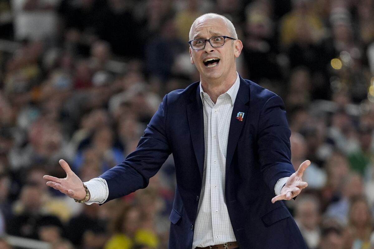 Connecticut coach Dan Hurley reacts during a win over Purdue in the NCAA championship game on April 8.