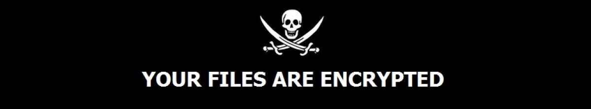 A skull and crossbones with a message that says Your files are encrypted on a black background