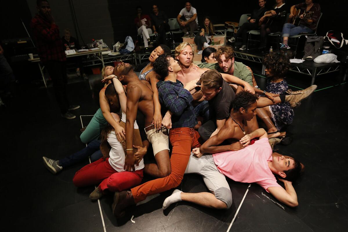The cast of "Hit the Wall" during a rehearsal in August. The play at the Los Angeles LGBT Center was one of the big winners at the Los Angeles Drama Critics Circle Awards on Monday.