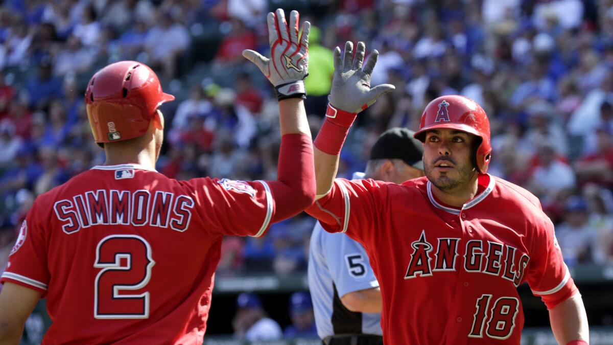 Angels catcher Geovany Soto, celebrating with teammate Andrelton Simmons after hitting a home run against Texas on May 1, to stay on rehab assignment at least through Thursday.