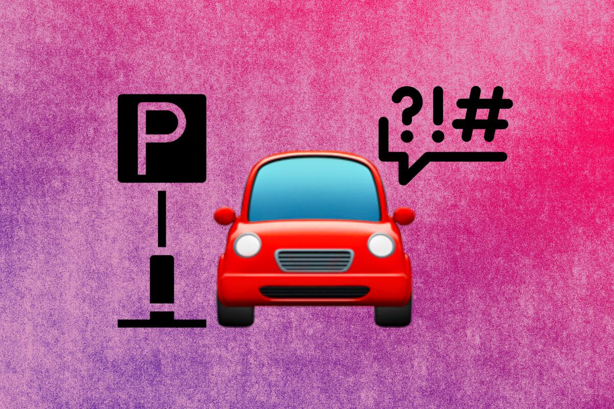 graphic of a car emoji with a parking sign and a cursing speech bubble on either side.