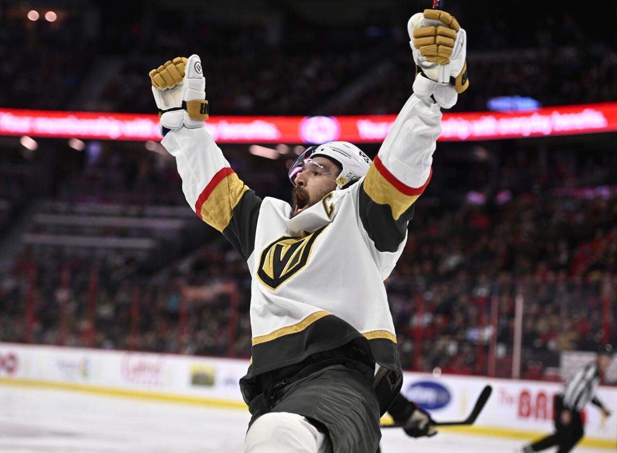 Vegas Golden Knights right wing Mark Stone celebrates his goal against the Ottawa Senators during the first period of an NHL hockey game in Ottawa, Ontario, Thursday, Nov. 3, 2022. (Justin Tang/The Canadian Press via AP)
