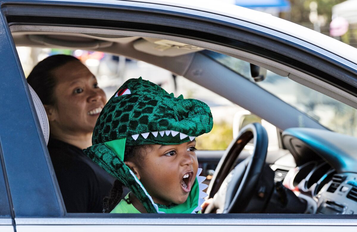 Winston Hamilton, 4, roars at health care workers as his mother, Teresa Hamilton, looks on.