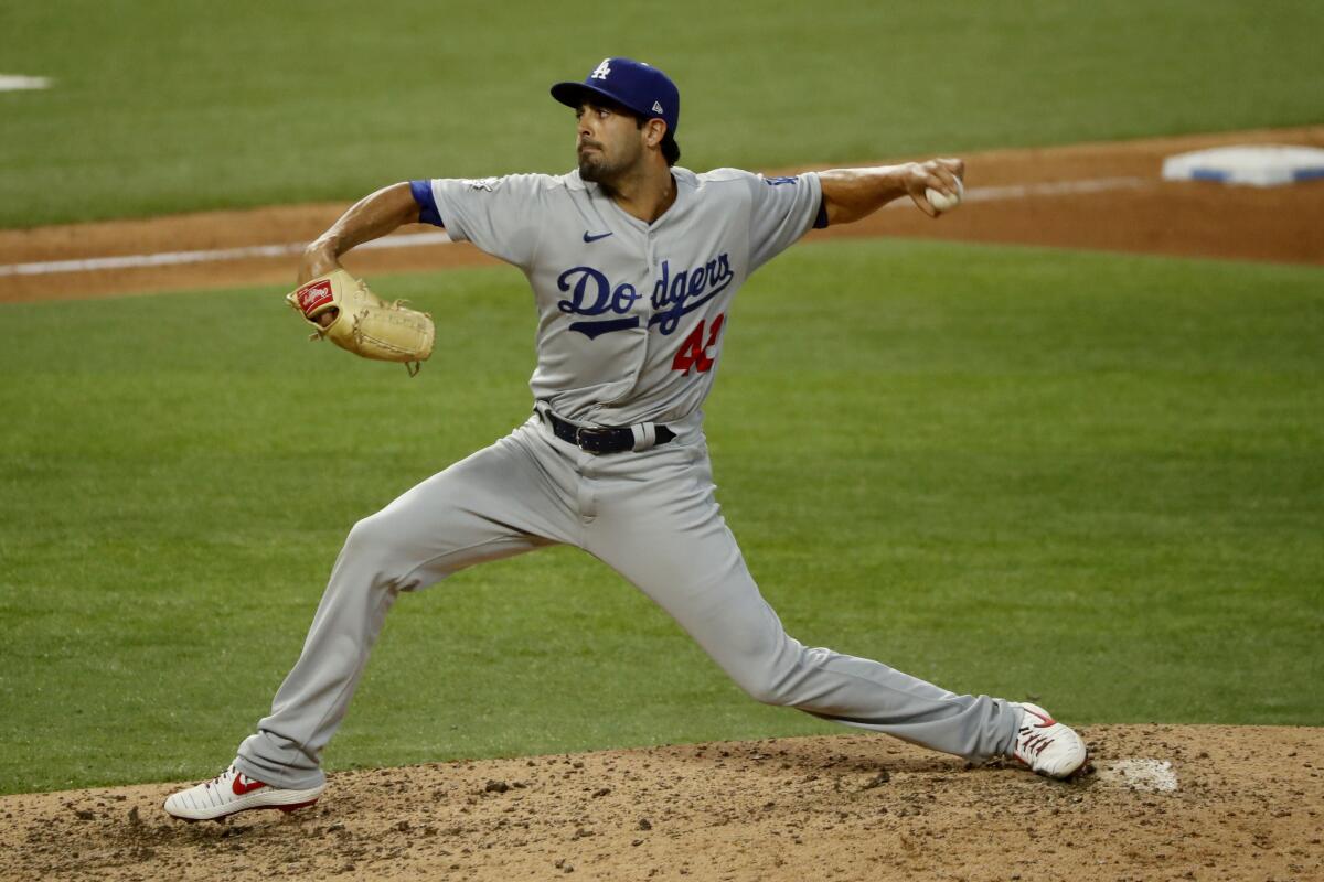 Dodgers reliever Scott Alexander pitches during the sixth inning of a game in Arlington, Texas.