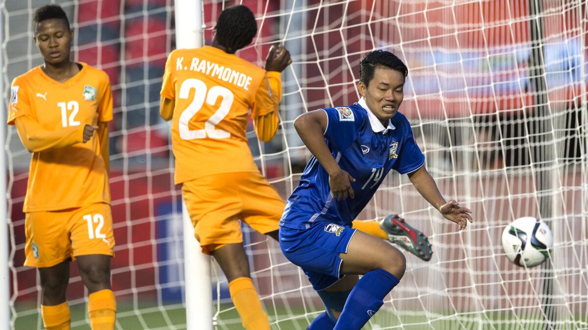 Thailand forward Thanatta Chawong (14) celebrates scoring the winning goal against Ivory Coast during a Women's World Cup Group B game on Thursday.