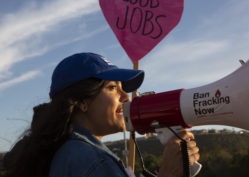 Amanda Pantoja leads chants at a Protect Playa Now protest calling for the shutdown of SoCalGas' Playa Del Rey storage field.