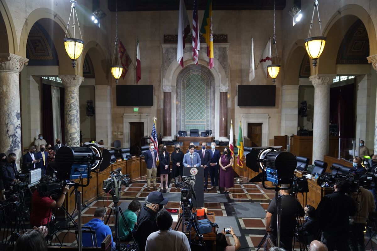 City Council members and Mayor Eric Garcetti inside L.A. City Hall last week. The building will reopen to the public in May.