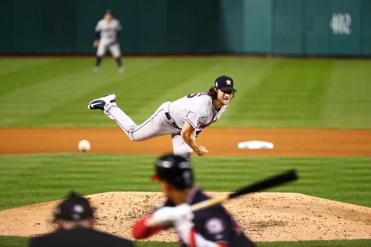 Houston Astros starter Gerrit Cole delivers against the Washington Nationals in Game 5 of the World Series on Sunday.