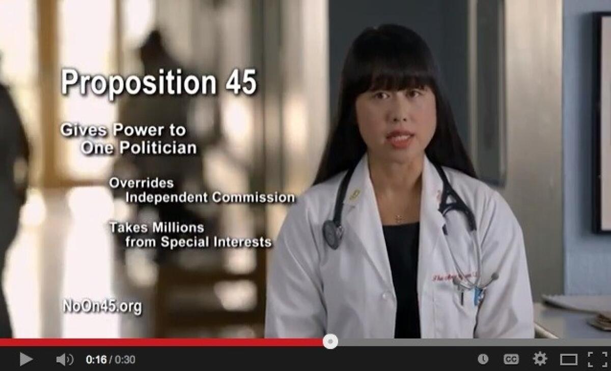 This is a screen grab from a commercial that opponents of Proposition 45 have run, featuring Dr. Amy Nguyen Howell.