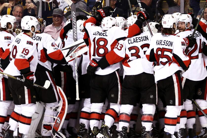 BOSTON, MA - APRIL 23: Members of the Ottawa Senators celebrate with Clarke MacArthur #16 after he scored the game winning goal to defeat the Boston Bruins 3-2 in overtime during Game Six of the Eastern Conference First Round during the 2017 NHL Stanley Cup Playoffs at TD Garden on April 23, 2017 in Boston, Massachusetts. (Photo by Maddie Meyer/Getty Images) ** OUTS - ELSENT, FPG, CM - OUTS * NM, PH, VA if sourced by CT, LA or MoD **