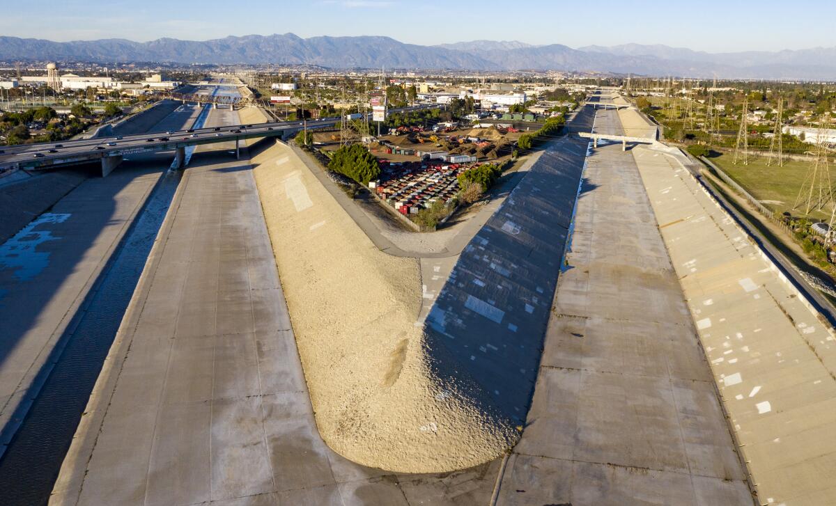 An overhead view of the concrete channels that mark the convergence of the Los Angeles River and Rio Hondo 