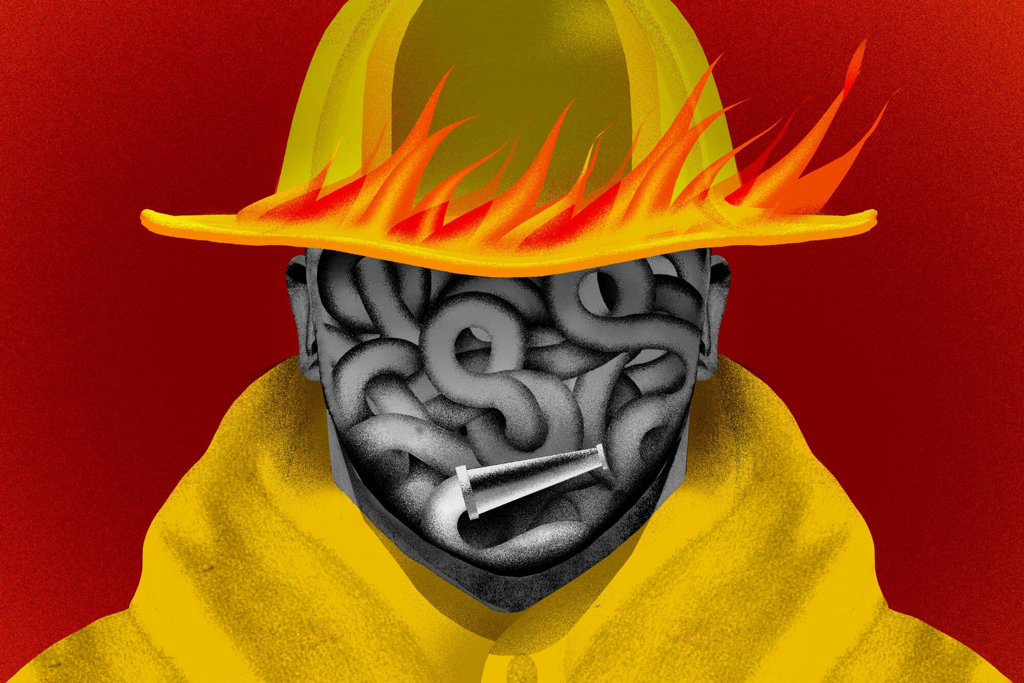 An illustration of a firefighter with a tangled hose for a face and his hat ablaze