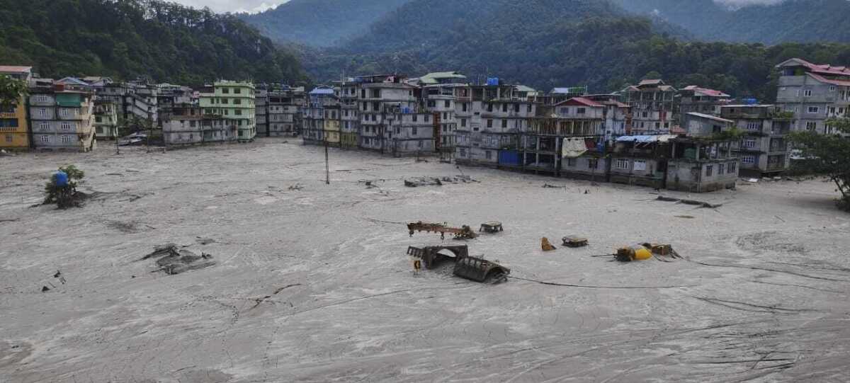 Buildings are inundated after flash floods swamped them.