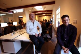 VENICE, CA - NOVEMBER 11, 2015 -- Andy Puddicombe, left, and Rich Pierson, co-founders of Headspace, at the company's headquarters in Venice on November 11, 2015. Headspace is a Venice-based meditation app with over five million active users. The concept of the app is like a gym for the mind as users subscribe to listen to bite-sized meditations on anything from relationships to creativity narrated by Puddicombe. (Genaro Molina/ Los Angeles Times)