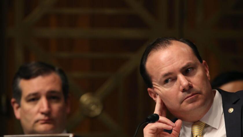 Sen. Mike Lee (R-Utah), right, and Sen. Ted Cruz (R-Texas) on Capitol Hill.