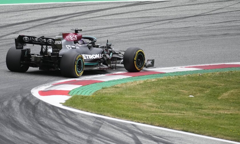 Mercedes driver Lewis Hamilton of Britain steers his car during the second free practice session for the Austrian Formula One Grand Prix at the Red Bull Ring racetrack in Spielberg, Austria, Friday, July 2, 2021. The Austrian Grand Prix will be held on Sunday. (AP Photo/Darko Bandic)