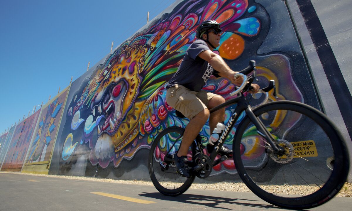 Andy Hanshaw, executive director San Diego Bicycle Coalition on Monday August 19, 2019 rides past a large mural along the Bayshore Bikeway in Chula Vista. 
