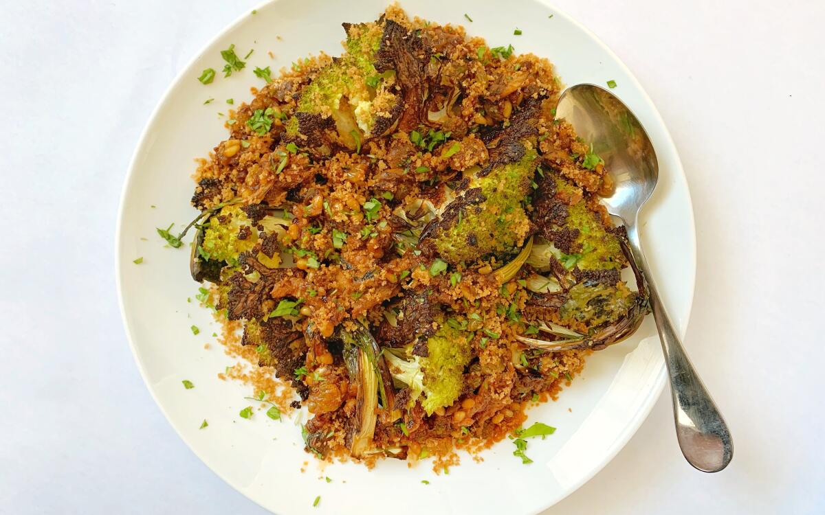 Roasted romanesco in a sauce of sardines, pine nuts, golden raisins and saffron.