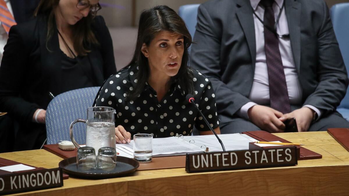 U.S. Ambassador to the United Nations Nikki Haley speaks during a Security Council meeting in New York on April 26.
