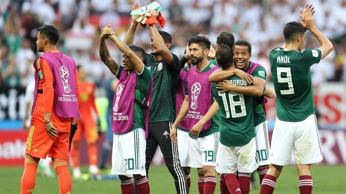 Mexico players applaud fans following their sides victory in the World Cup Russia group F match between Germany and Mexico on June 17.