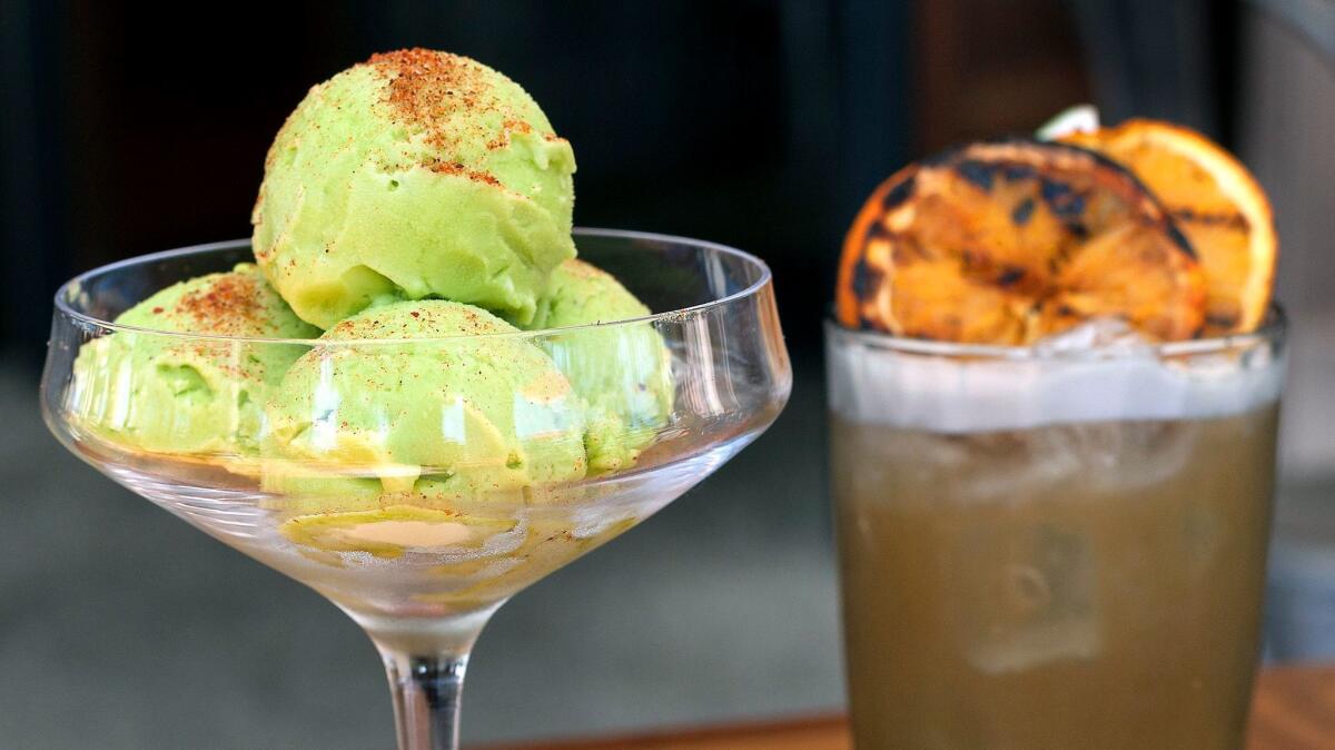 Puesto's nopal sorbet, made from the meat of desert cactus, is best when savored with a shot of mezcal. (Meg Strouse)