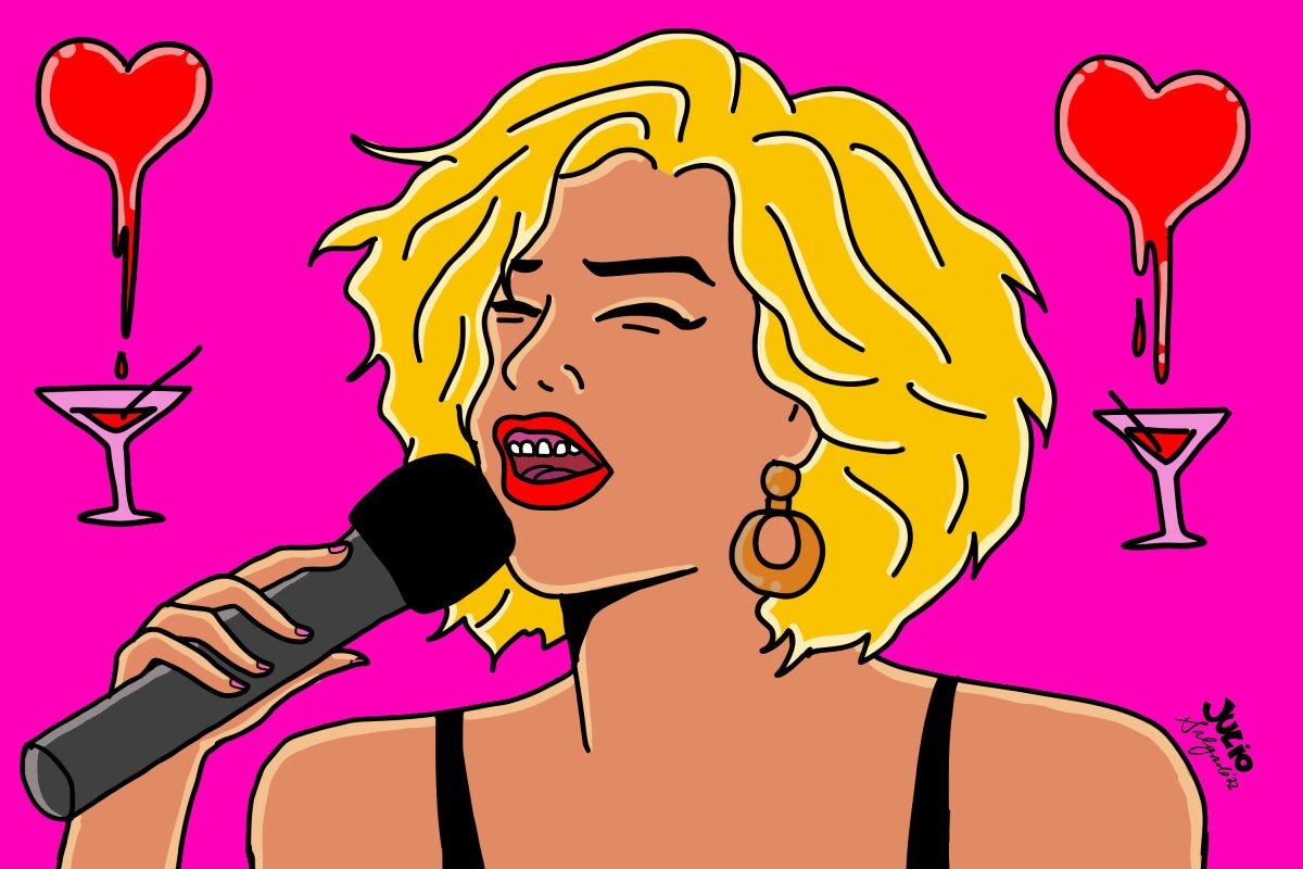 Marisela sings into a microphone, bleeding hearts and martini glasses around her 