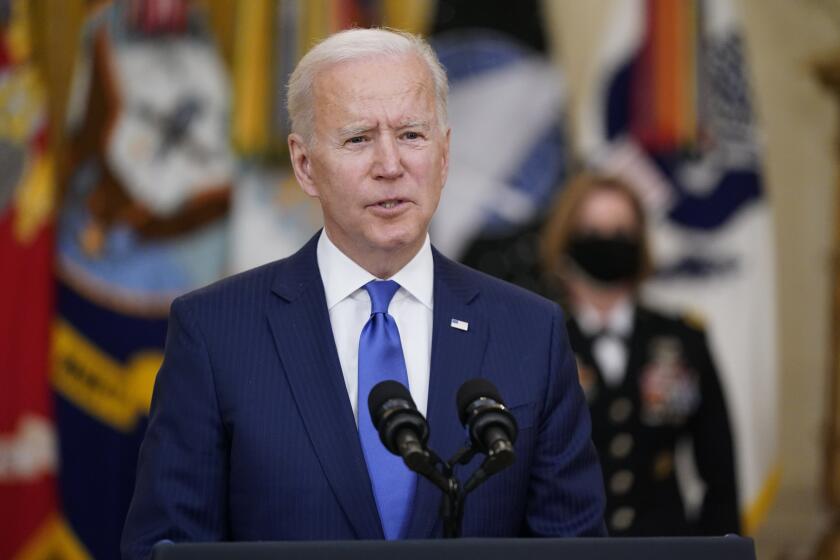 President Joe Biden speaks during an event to mark International Women's Day, Monday, March 8, 2021, in the East Room of the White House in Washington. (AP Photo/Patrick Semansky)