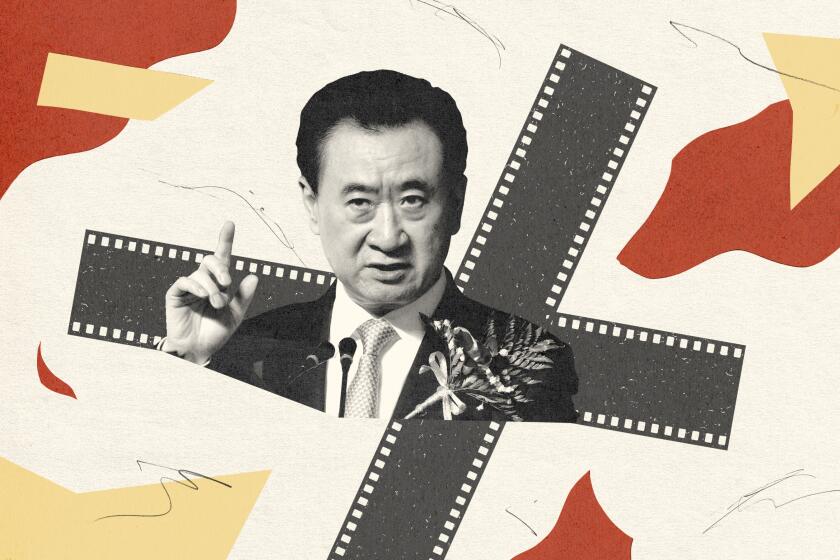 collage of Wanda Group chairman Wang Jianlin speaking with film strips crossed behind him