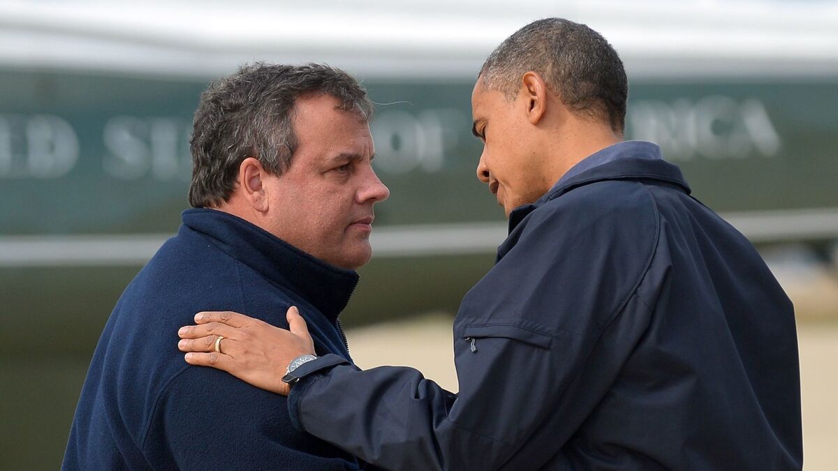 New Jersey Gov. Chris Christie greets President Obama in Atlantic City after Superstorm Sandy in 2012.