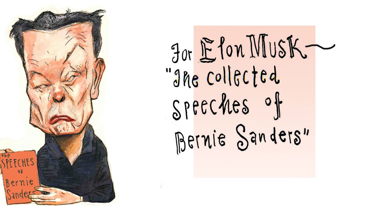 Illustration of Elon Musk with text "The collected speeches of Bernie Sanders"