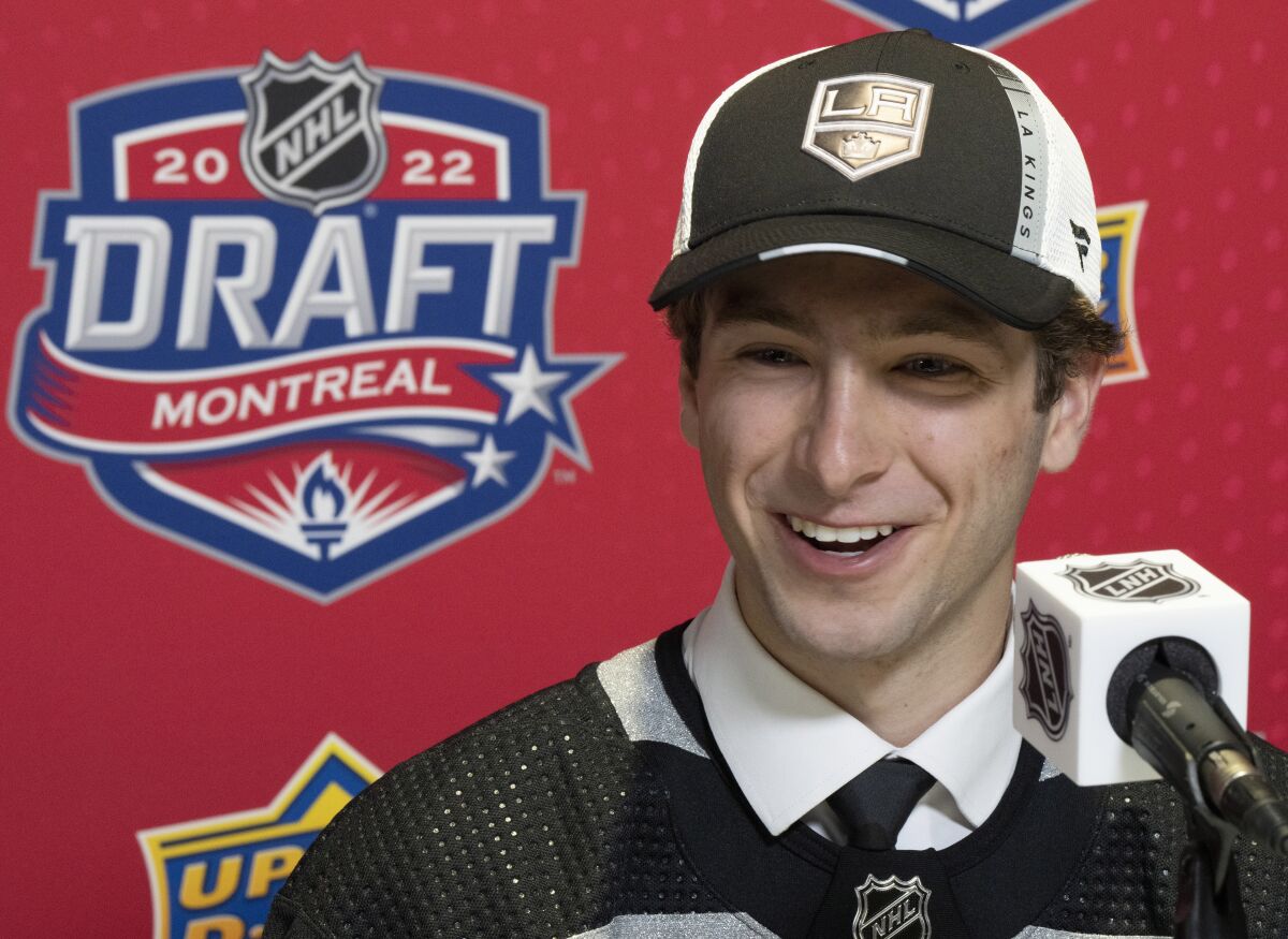 Los Angeles Kings hockey team 51st pick Jack Hughes speaks to the media during the second round of the 2022 NHL Draft on Friday, July 8, 2022, in Montreal. (Ryan Remiorz/The Canadian Press via AP)