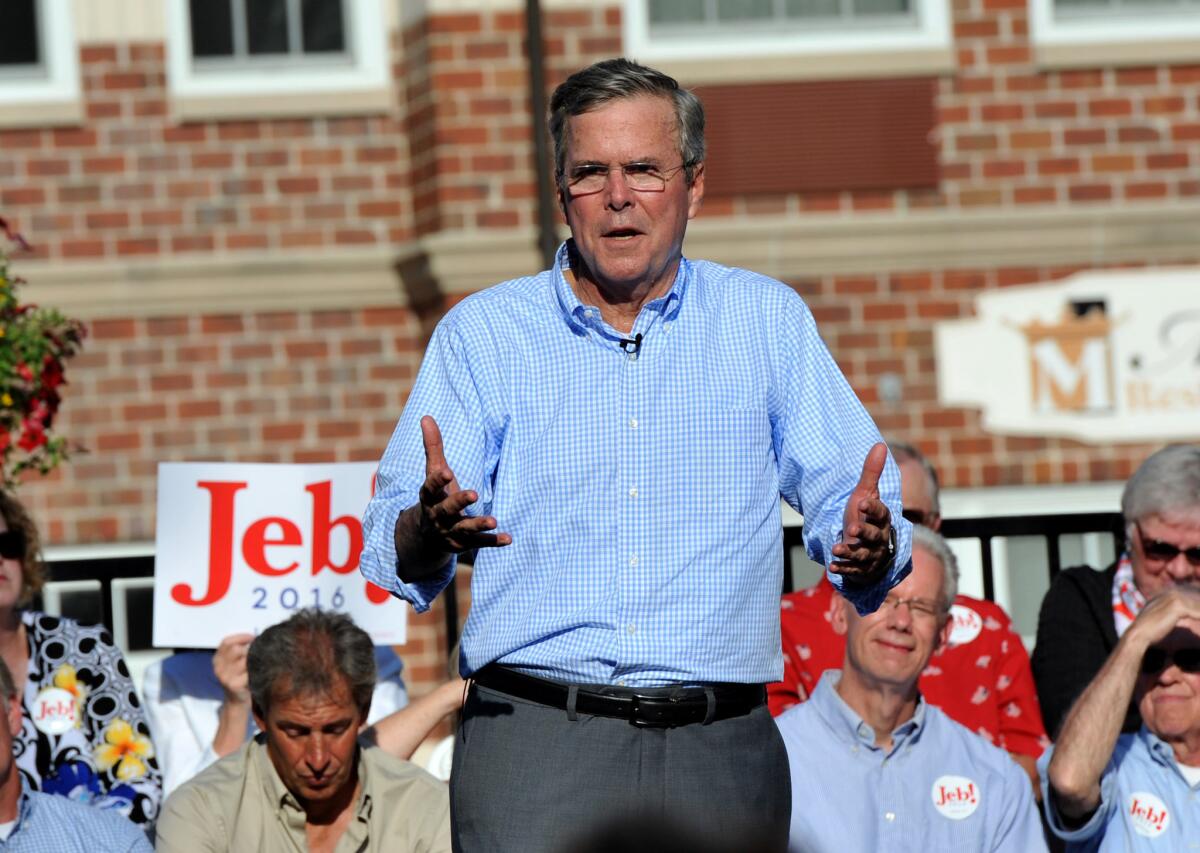 Republican presidential candidate Jeb Bush speaks to a crowd of supporters on June 17 in Pella, Iowa.