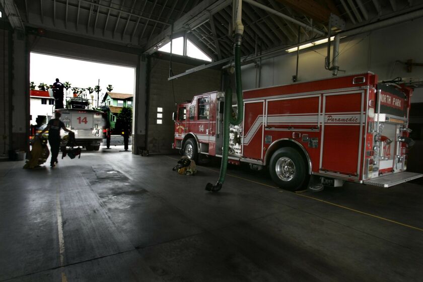 The engine company at Station 14 in North Park, shown last month, has been part of San Diego’s brownout plan that calls for idling up to eight fire engines per day to save on overtime pay.