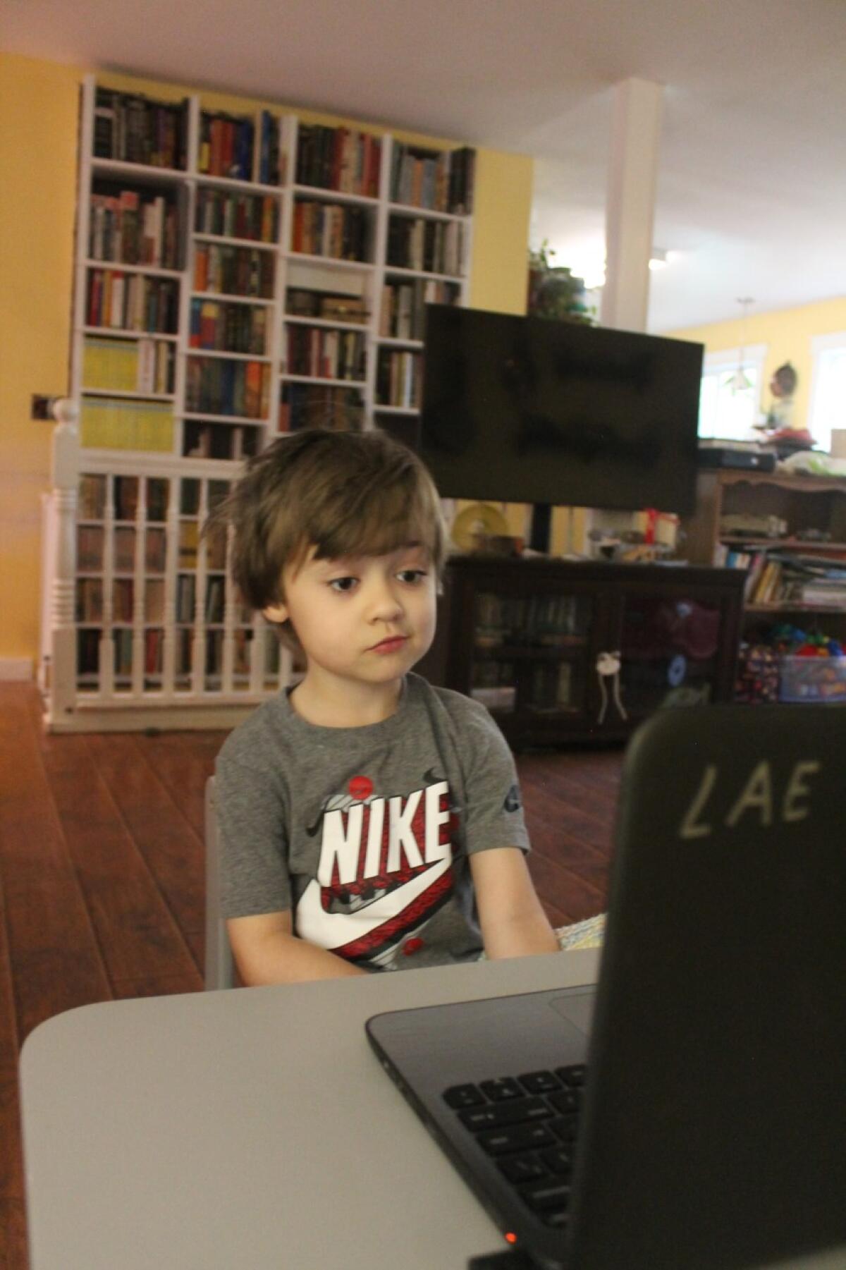 A young boy sits in front of a laptop set up on a desk