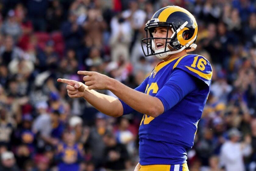 LOS ANGLELES, CA. DECEMBER 30, 2018-Rams quarterback Jared Goff celebrates his touchdown pass to Brandin Cooks against the 49ers in the 2nd quarter at the Coliseum Sunday. (Wally Skalij/Los Angeles Times)