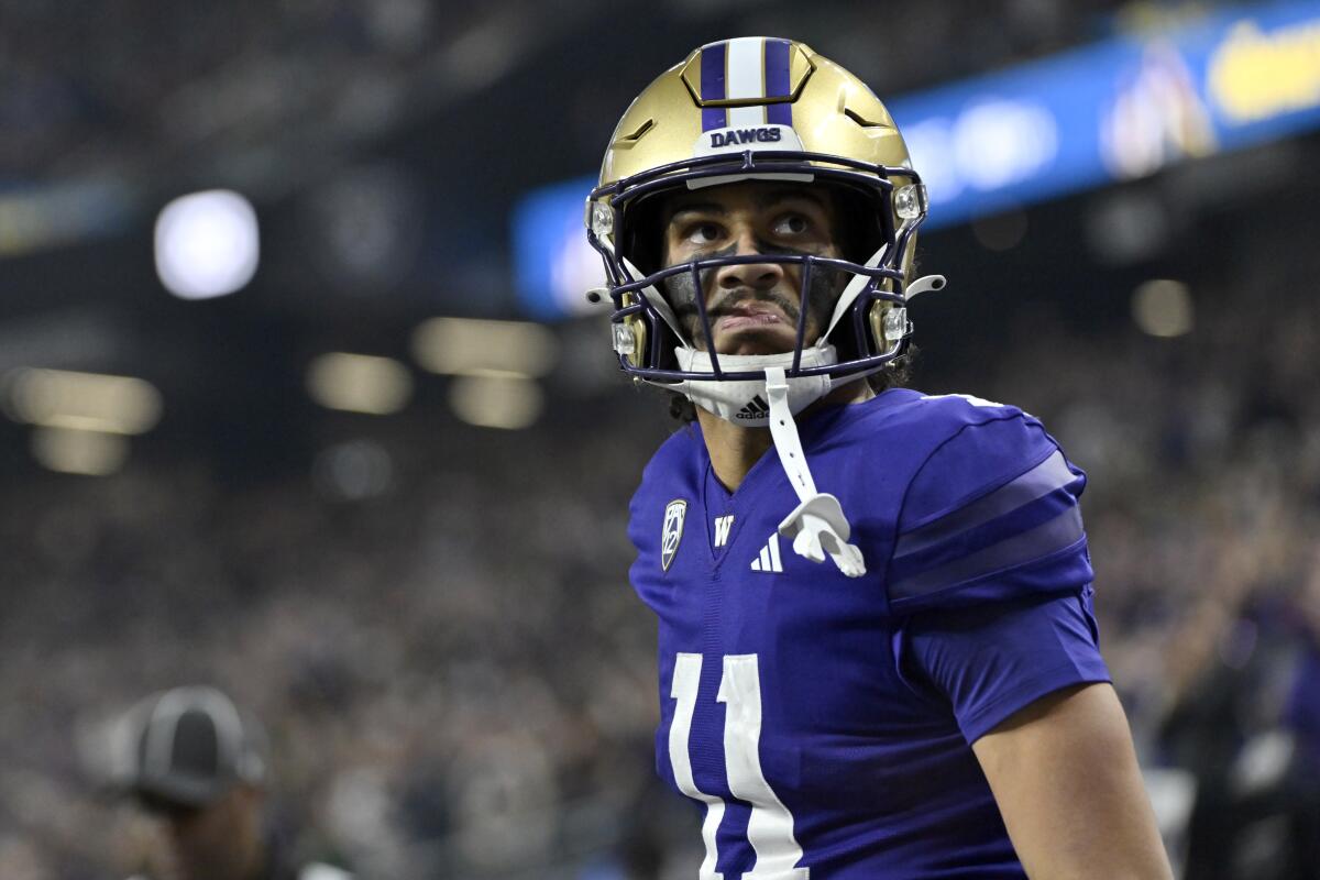 Washington wide receiver Jalen McMillan looks on during the Pac-12 championship game.