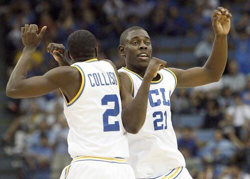 UCLA guards Darren Collison and Jrue Holiday celebrate a three-pointer by Holiday during the second half Saturday.