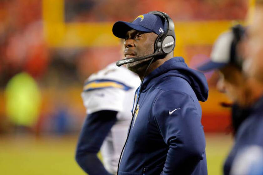 KANSAS CITY, MISSOURI - DECEMBER 13: Head coach Anthony Lynn of the Los Angeles Chargers watches from the sidelines during the game against the Kansas City Chiefs at Arrowhead Stadium on December 13, 2018 in Kansas City, Missouri. (Photo by David Eulitt/Getty Images)