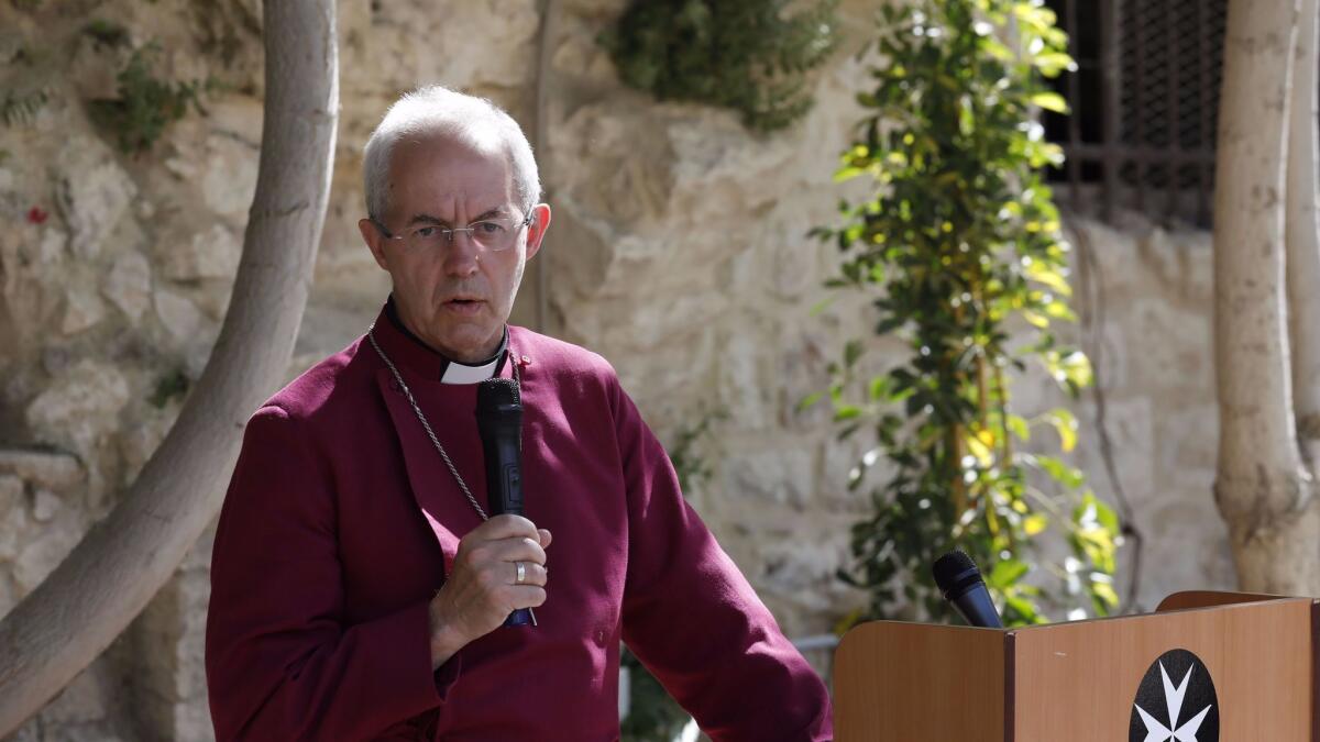Archbishop of Canterbury Justin Welby at a news conference in the Christian quarter of Jerusalem's Old City in May.