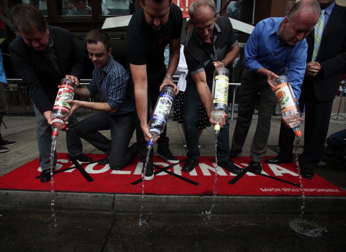 A symbolic gesture to #dumpstoli in West Hollywood earlier this week, the launch of a boycott against Stolichnaya vodka in protest of a new Russian law targeting gays. Latvian gay rights activists pointed out Friday that Stoli is made in Latvia and owned by a Luxembourg commercial group.