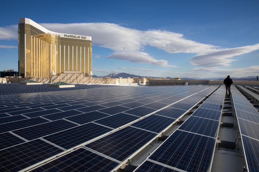 Las Vegas, NV - January 23: Mandalay Bay Convention Center rooftop solar panels, site of the nation's largest rooftop solar array January 23, 2023 in Las Vegas, NV. (Brian van der Brug / Los Angeles Times)