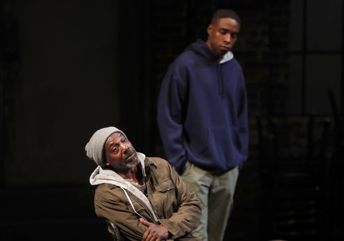 John Earl Jelks, with Grantham Coleman in the background, in "Sweat" at the Mark Taper Forum.