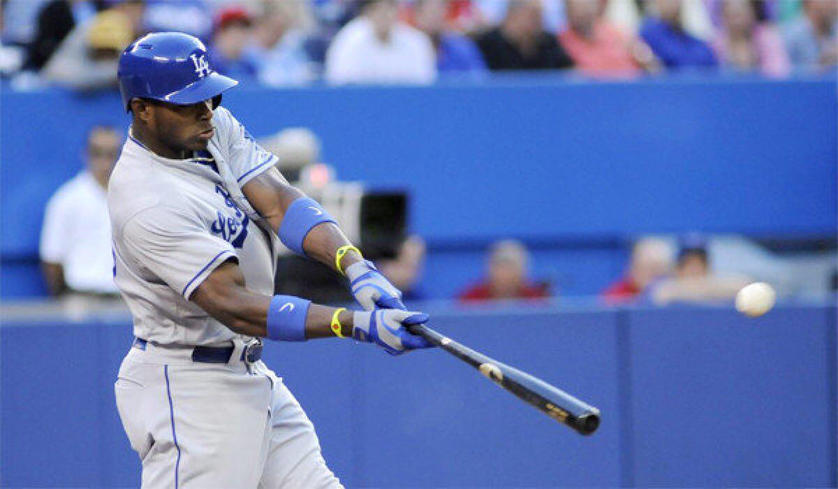 Yasiel Puig padded his stats with a 3 for 5 outing against Toronto with a home run, two runs batted in and two runs scored in the Dodgers' 8-3 victory over the Blue Jays on Wednesday.
