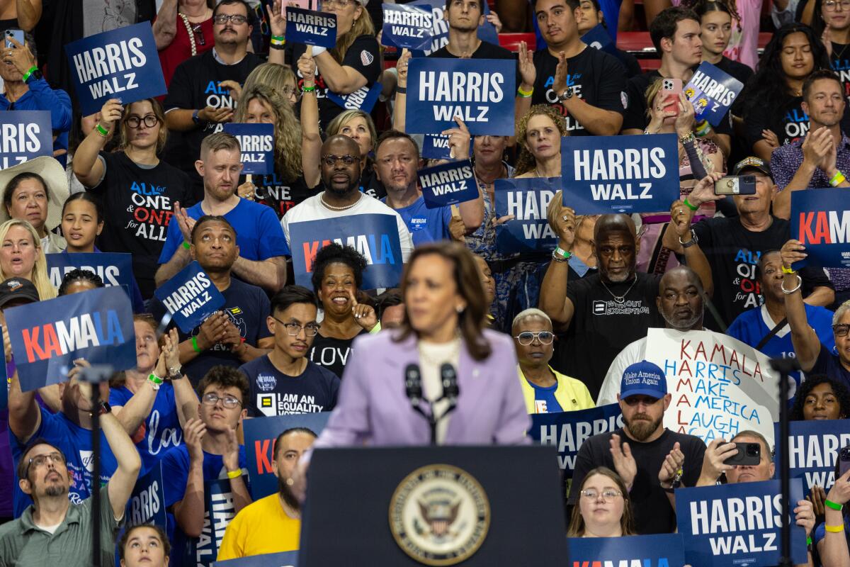 Kamala Harris speaks as those in the crowd behind her hold campaign signs, a homemade one reading "Make America laugh again"