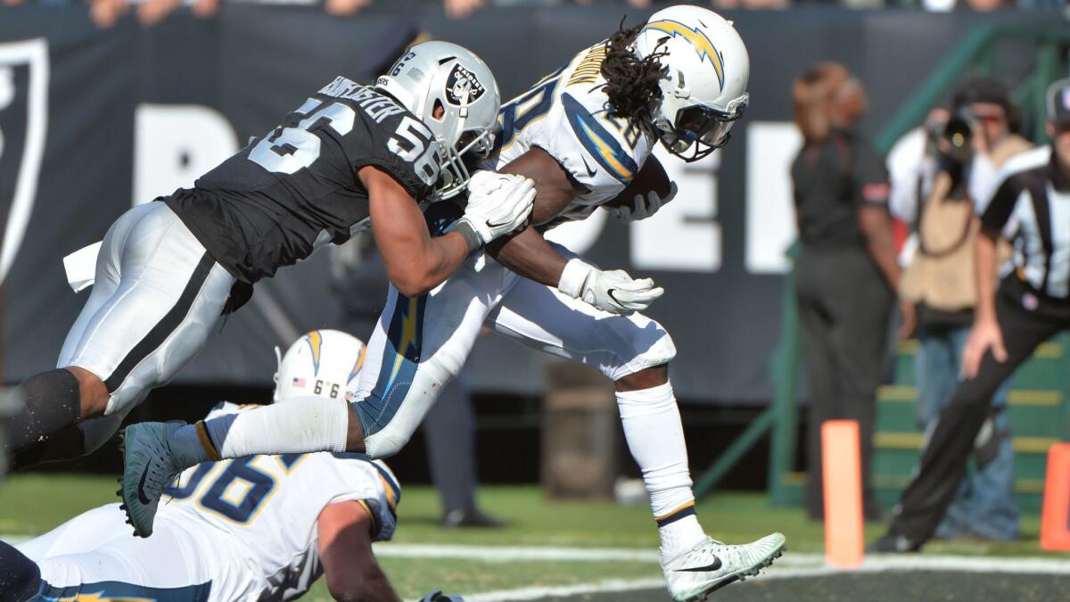 The Chargers' Melvin Gordon scores a six-yard touchdown against the Oakland Raiders on Sunday.